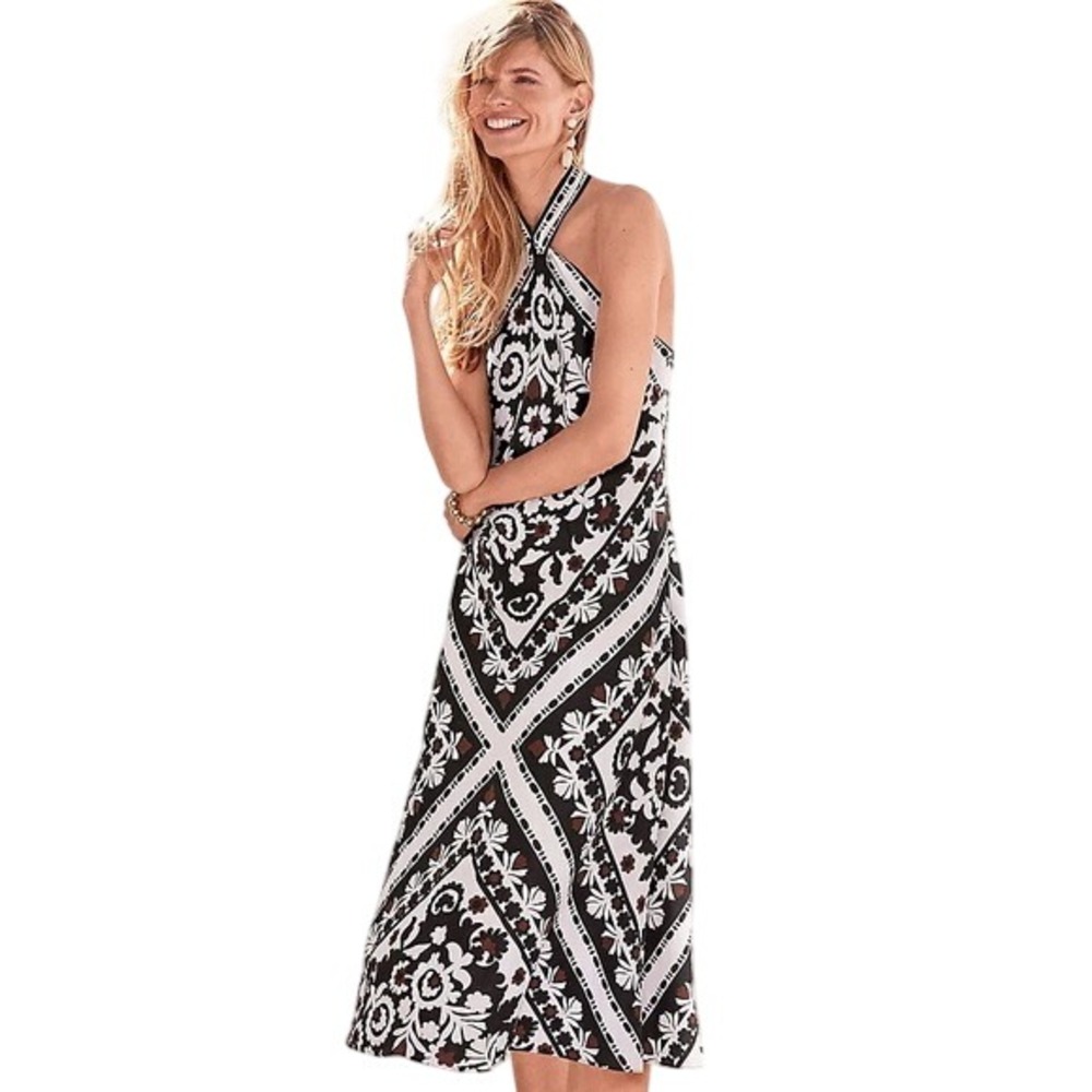 Ann Taylor Women's‎ Dress Size 12 Halter Neck Floral Black White Brown Linen